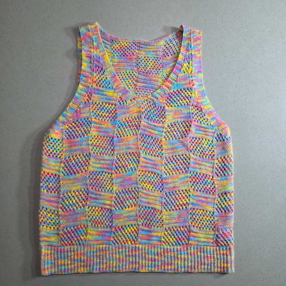 Rainbow Multi Color Open Knit Sweater Vest V-Neck Sleeveless Top Small